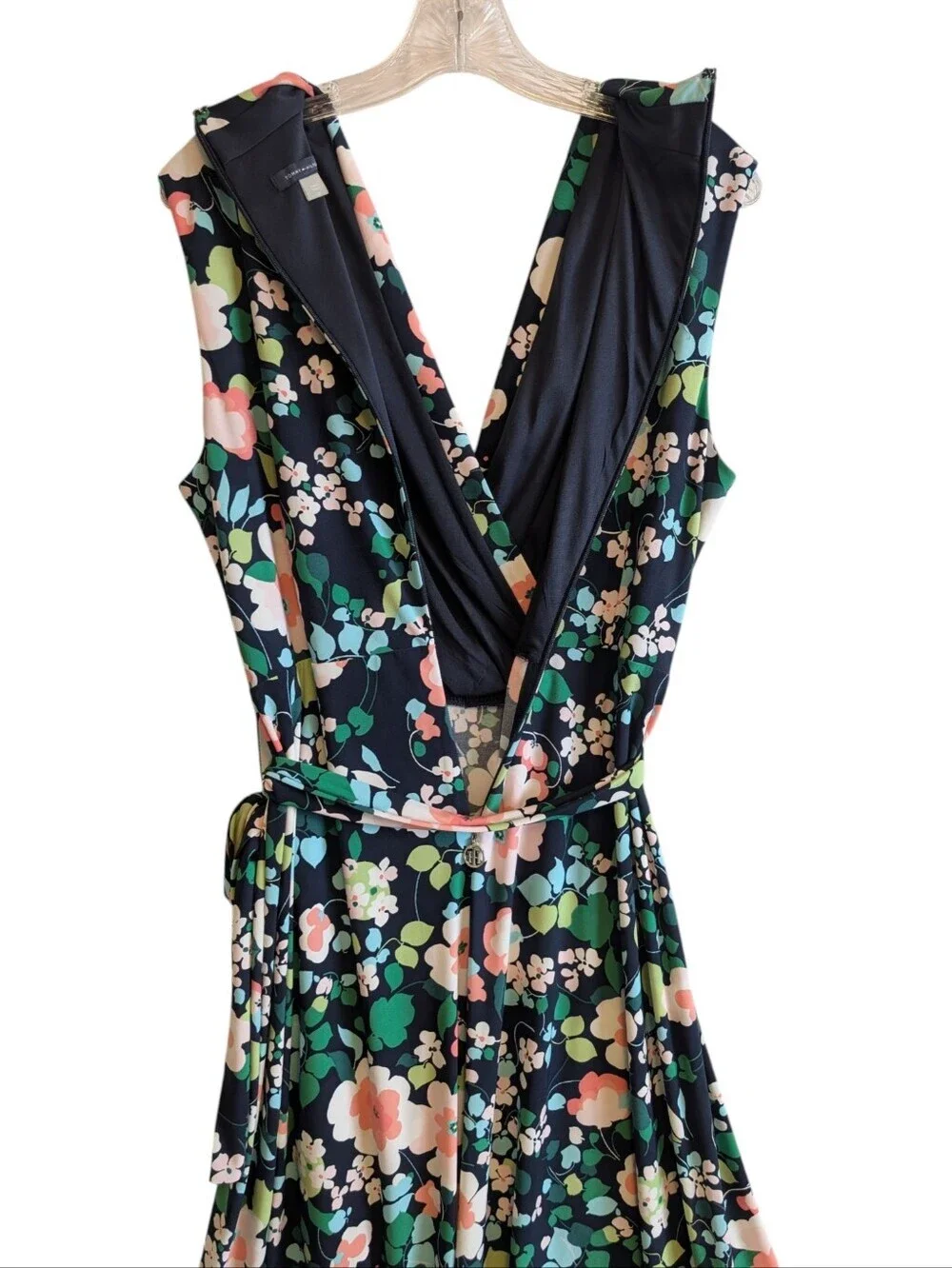Tommy Hilfiger Blue Floral Aline Midi Dress Sleeveless Wrap Belt Summer Party
